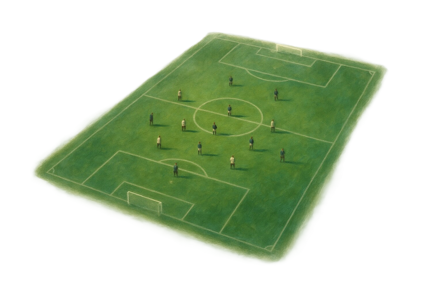 Aerial football pitch, players in formation, dissolving into data